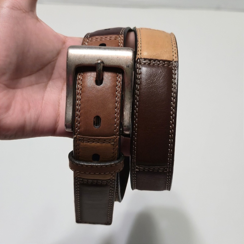 Vtg Fossil Womens S Leather Belt Brown Tan Patchwork Colorblock Silver Buckle